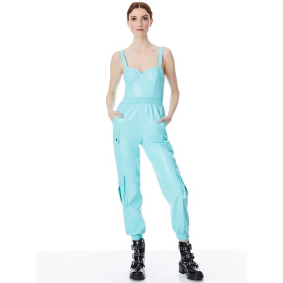 New Alice + Olivia Frida Faux Leather Bustier Cargo Jumpsuit Aqua Blue Size 2